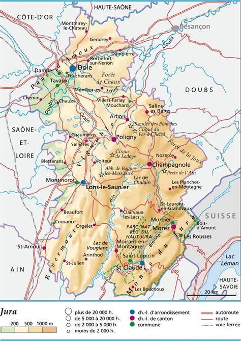 Carte des Montagnes du Jura avec les principaux lacs et rivières