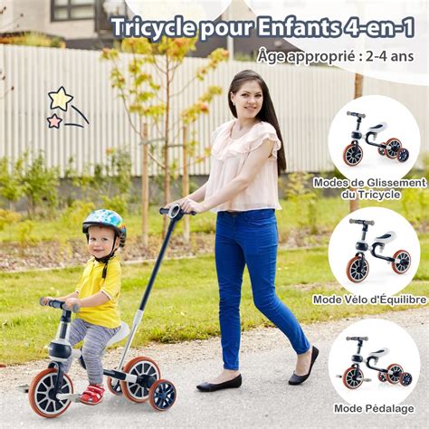 Illustration d'un enfant sur un tricycle évolutif avec une canne parentale