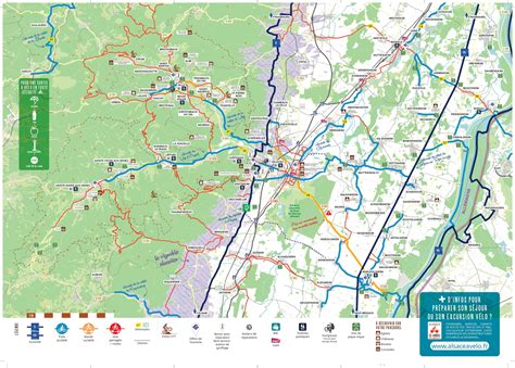 Carte des environs de Sélestat avec les pistes cyclables et les points d'intérêt principaux.