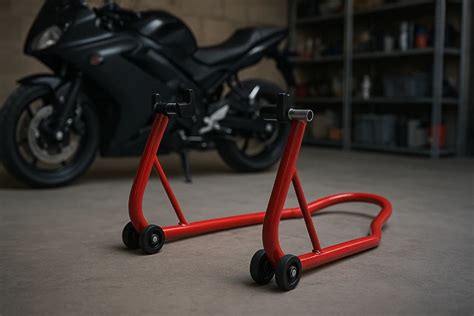 Schéma illustrant le positionnement correct d'une béquille d'atelier sur les diabolos d'une moto