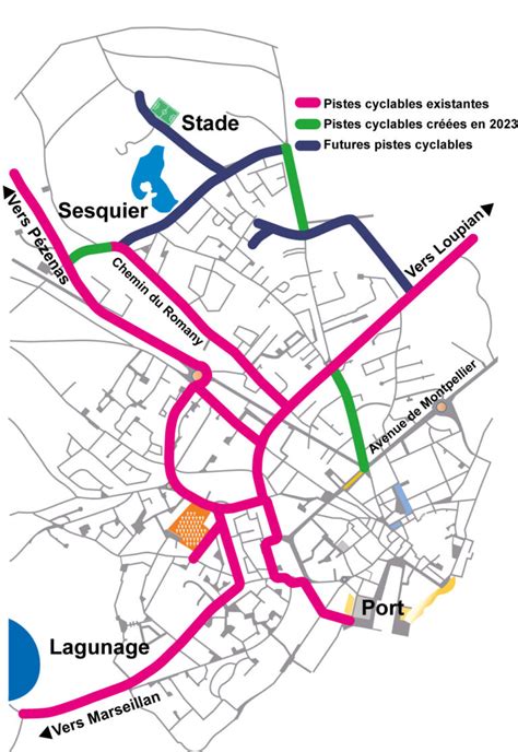 Carte des pistes cyclables autour de Pérols avec indication des différents niveaux de difficulté.