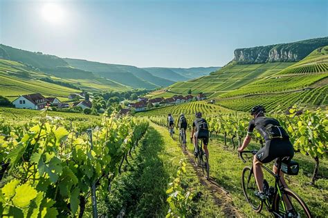 Cyclistes traversant des paysages verdoyants du Jura.