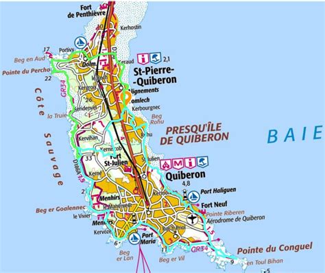 Carte de la presqu'île de Quiberon avec les arrêts du 