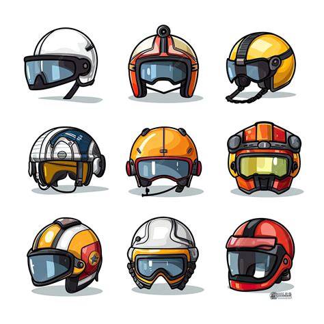 Illustration de différents types de casques auto de compétition (intégral, jet, avec visière)