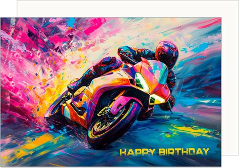 Illustration d'une carte d'anniversaire avec un motard souriant et une moto stylisée.