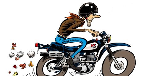 Illustration humoristique d'un vieux motard avec une moto d'époque.