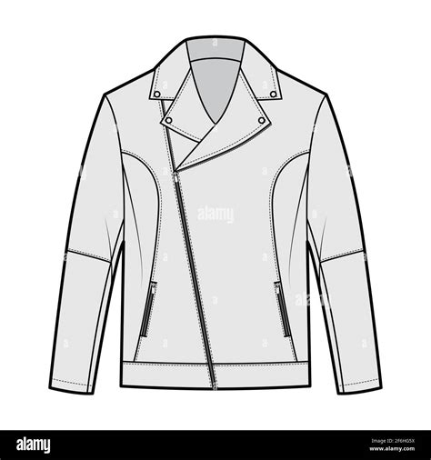 Croquis du blouson perfecto avec ses éléments distinctifs : fermeture éclair asymétrique, poches zippées, col à revers et ceinture.