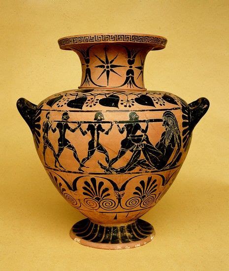 Représentation artistique d'Ulysse et ses compagnons crevant l'œil de Polyphème, sur un vase grec à figures rouges.