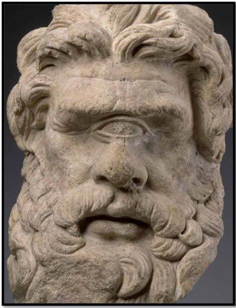 Sculpture grecque antique représentant la tête du Cyclope Polyphème.