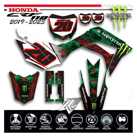 Collage montrant la variété des designs de kits déco Monster Energy disponibles pour Honda