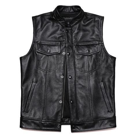 Vue de face du gilet en cuir biker SOA 635, montrant la fermeture éclair et le col
