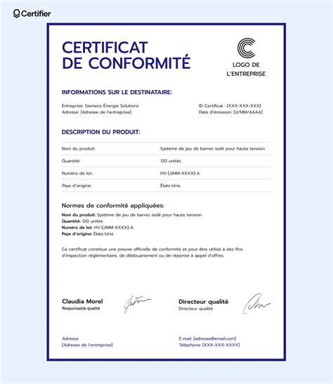 Infographie expliquant les différents champs d'un Certificat de Conformité
