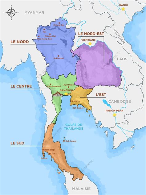 Carte des régions de conduite du nord de la Thaïlande, mettant en évidence Chiang Mai et le parc national du Doi Inthanon.