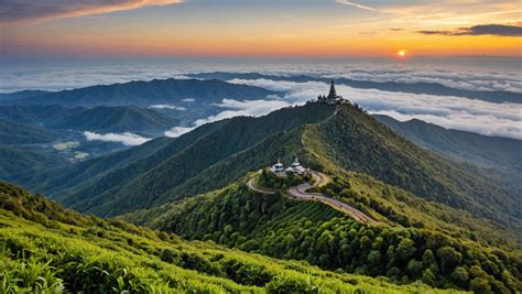 Vue panoramique du sommet du Doi Inthanon avec des antennes de télécommunication et un panneau indiquant l'altitude.