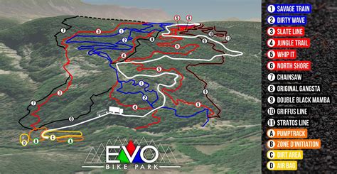 Vue aérienne de l'EVO Bike Park avec ses nombreuses pistes.