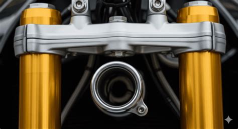 Gros plan sur la fourche inversée dorée et le bras oscillant en aluminium de la Yamaha YZF-R125