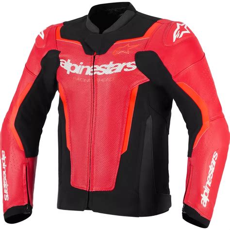 Photographie du blouson Alpinestars GP Pro V2 en noir, blanc et rouge fluo, mettant en valeur son design sportif et agressif.