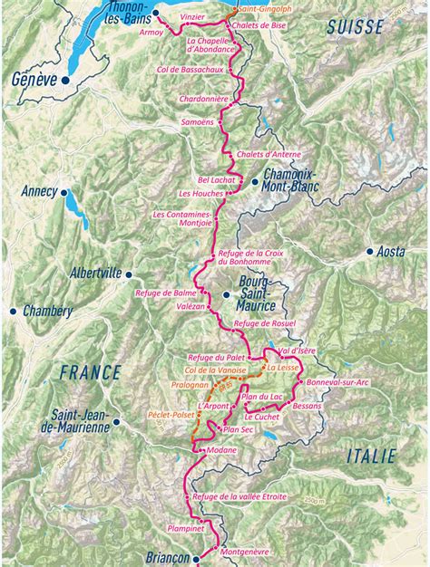 Carte de la Traversée des Alpes à vélo, indiquant le point de départ et d'arrivée, ainsi que les principaux cols.