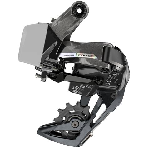 Schéma technique du dérailleur arrière SRAM Force illustrant la chape en carbone et le parallélogramme en magnésium