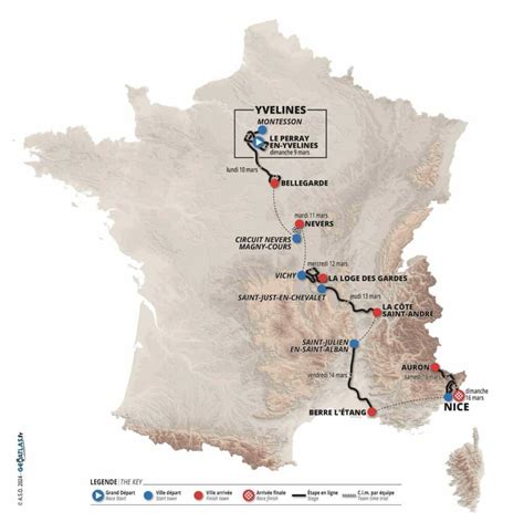Carte du parcours de Paris-Nice avec ses étapes clés