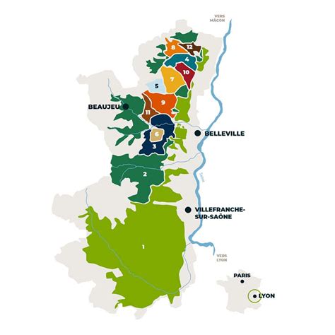 Carte de la région du Beaujolais avec les principaux points d'intérêt touristique et les itinéraires cyclables suggérés par Vélo Via Dorées.
