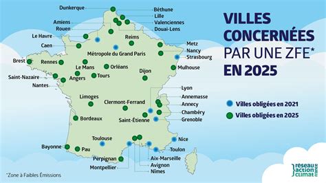 Carte schématique des zones à faibles émissions ou zones de circulation restreinte dans les villes françaises