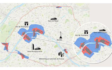 Carte de Paris indiquant les périmètres de circulation (rouge, bleu) et les zones de restriction pour les deux-roues pendant les JO