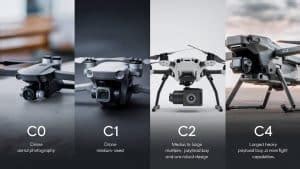 Infographie comparant les différentes classes de drones CE (C0 à C4) et leurs caractéristiques.