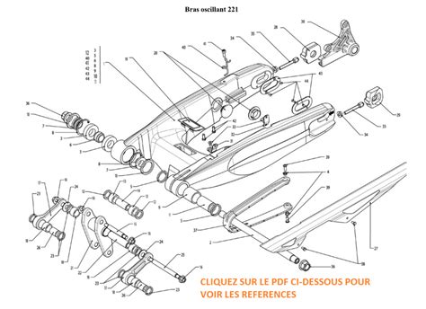 Schéma illustrant un bras oscillant de moto avec un essieu creux