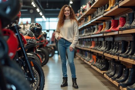 Femme essayant un pantalon moto en magasin, avec ses bottes