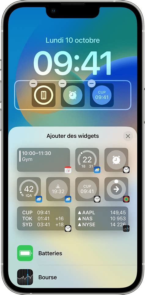 Schéma montrant la personnalisation des widgets sur un smartphone, avec des options pour choisir les catégories, les pilotes et les équipes.