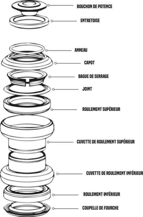 Schéma détaillé d'un jeu de direction de vélo, montrant les cuvettes, les roulements et le pivot de fourche.
