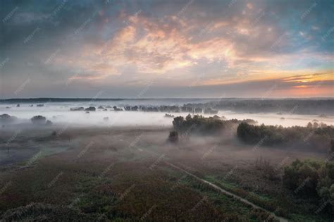 Vue d'un étang matinal avec une légère brume.
