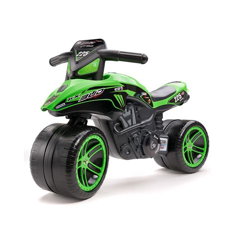 Représentation schématique du porteur moto Kawasaki Bud Racing Falk avec ses larges roues et son guidon directionnel.