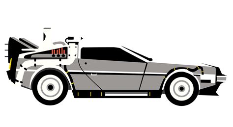 Illustration stylisée de la DeLorean voyageant à travers le temps, avec des éclairs et des traînées lumineuses.