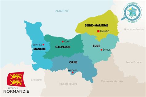 Carte de la région Normandie avec des points marquant des villes clés pour le cyclisme