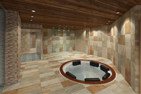 Infographie illustrant les différentes zones d'un espace bien-être libertin (sauna, hammam, jacuzzi).